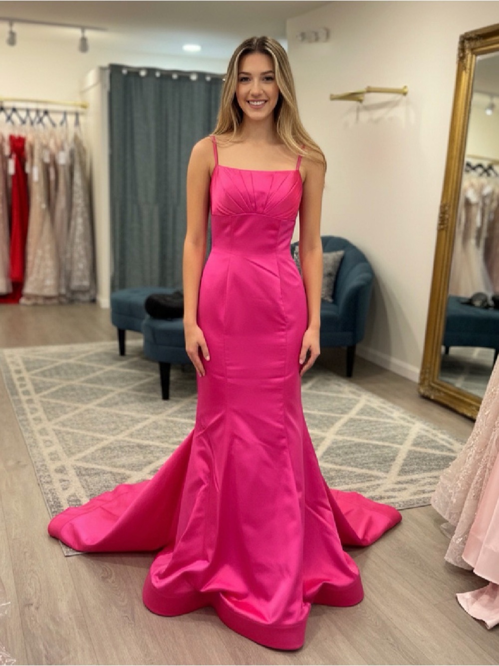 Sherri Hill Hot Pink Satin Mermaid Prom Dress